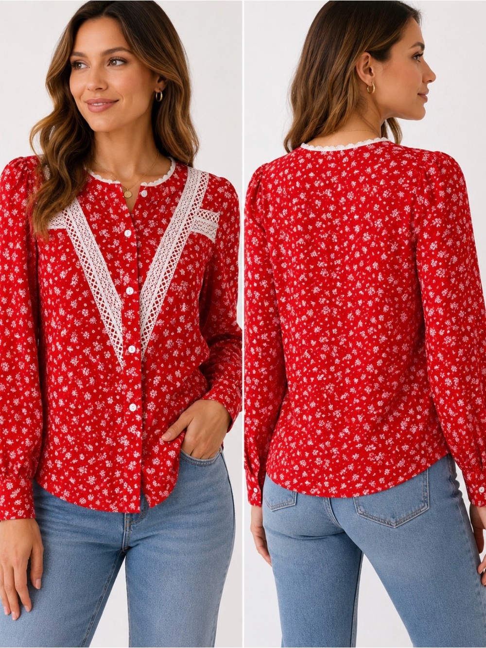 Red White Floral Lace Trim Button Front Blouse Size Medium
